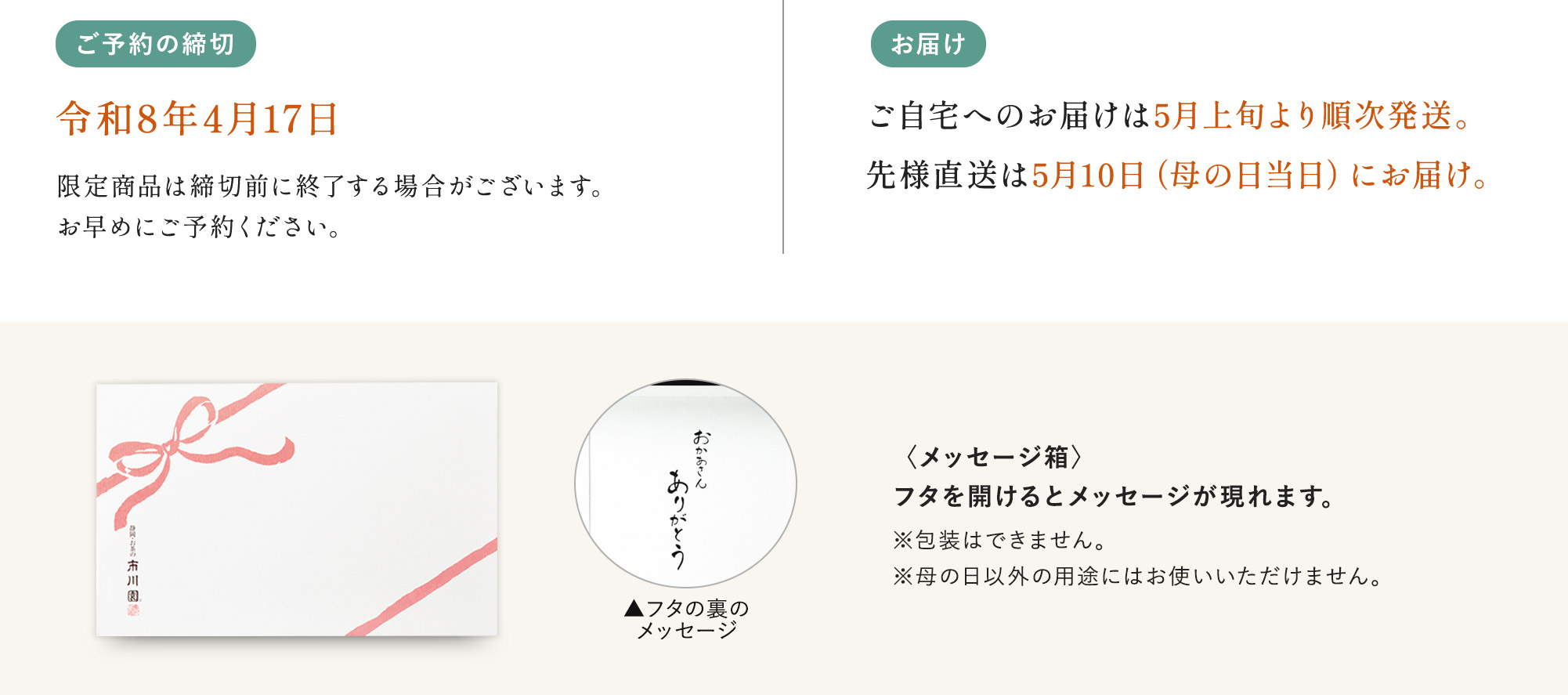 ご予約の締切・お届け・メッセージ箱について