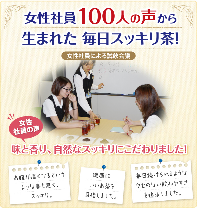 女性社員100人の声から生まれた毎日スッキリ茶!味と香り、自然なスッキリにこだわりました!